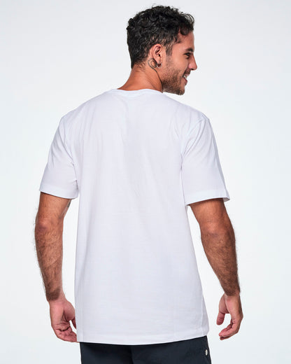 A man shown from the back wearing a plain white short-sleeve crewneck tee.