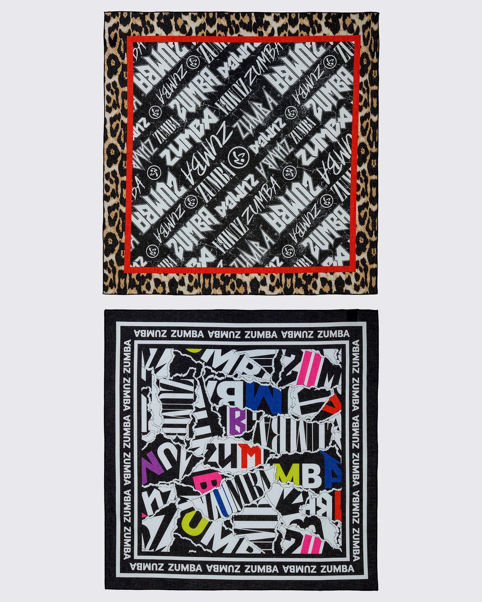Two square bandanas on a white background. The top bandana celebrates iconic rock band logos and had a natural leopard print. The bottom bandana has a ripped page pattern print, framed with a white Zumba text border.

