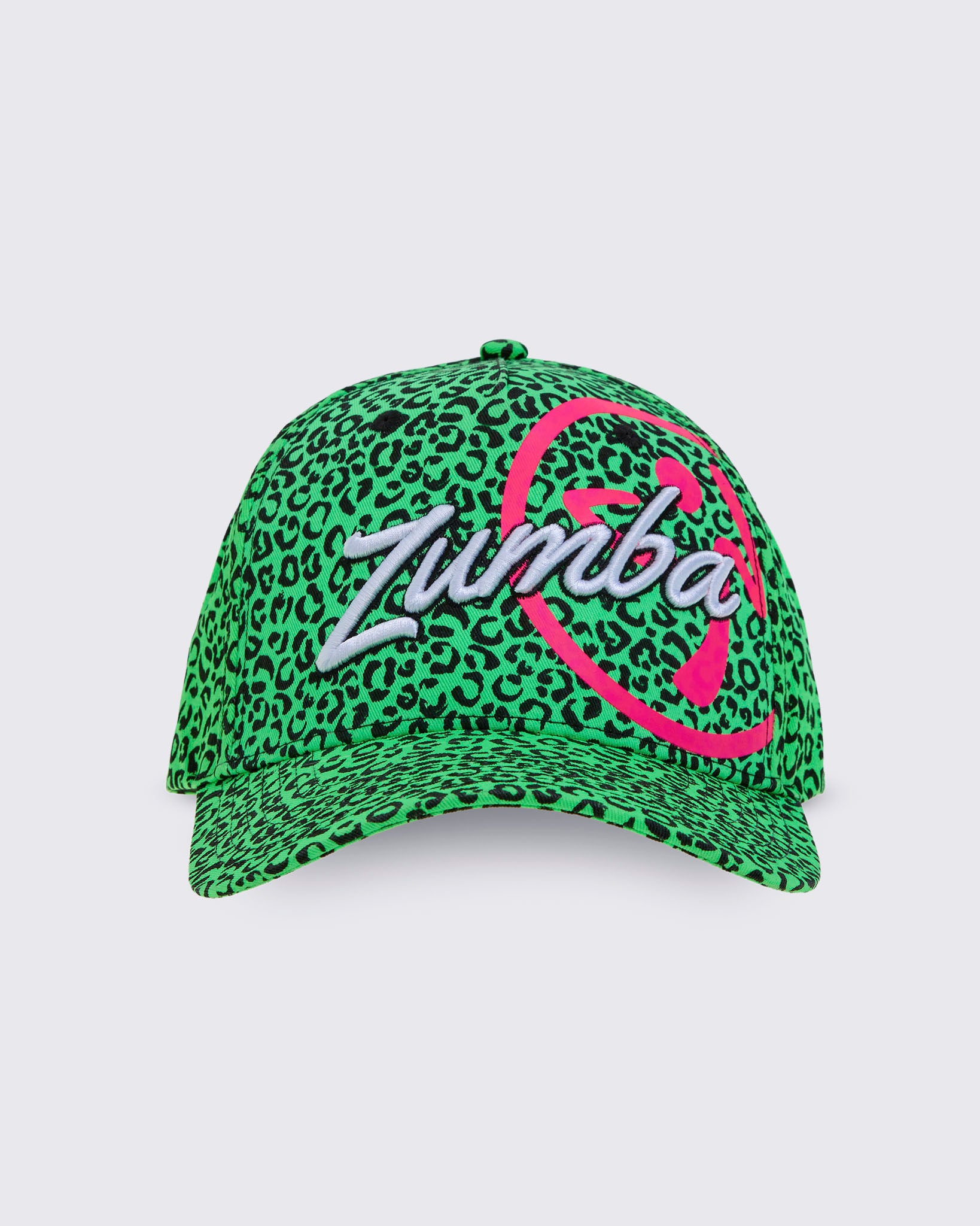 A green and black leopard print baseball cap featuring a large embroidered 'Zumba' logo in white with a pink Zumbito on the front, set against a white background.