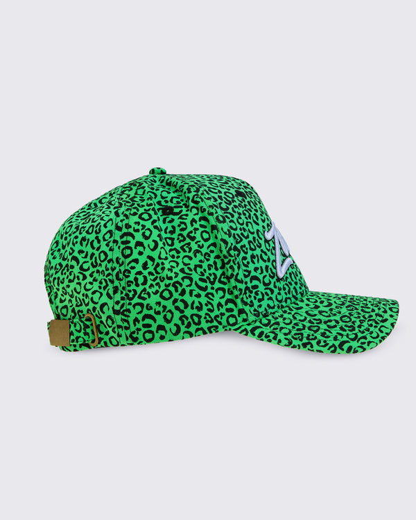 A green and black leopard print baseball cap, from the right side set against a white background.