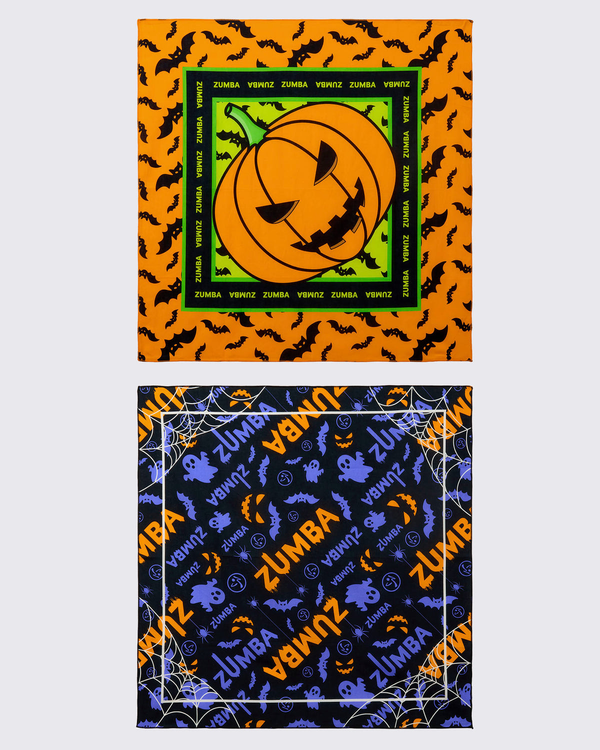 Two Halloween bandanas: orange with a bat print and jack-o'-lantern center, and black with purple ghosts, bats, and spiderwebs and a small orange jack-o'-lantern graphic.