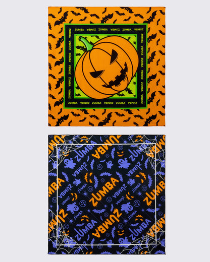 Two Halloween bandanas: orange with a bat print and jack-o'-lantern center, and black with purple ghosts, bats, and spiderwebs and a small orange jack-o'-lantern graphic.