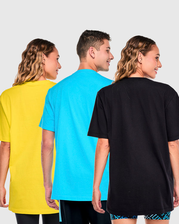 Two female models and a male model shown from the back in the pack's yellow, blue, and black tees, each with a plain back.