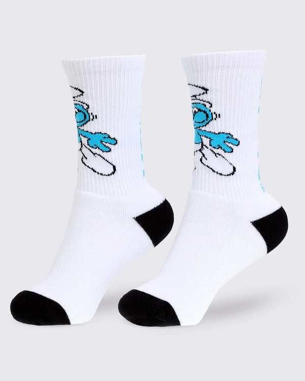 Side view of the white Smurf crew socks, showing the knit dancing Smurf near the top and blue lettering running down the back.