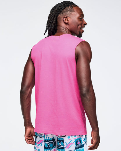 Back view of a male model wearing a pink sleeveless shirt.
