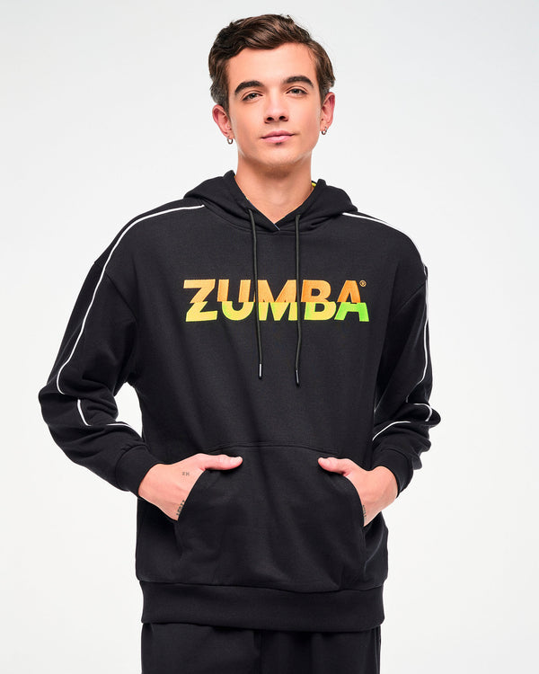 Close-up of a male model wearing a black hoodie with a gradient 