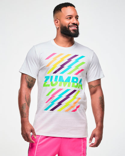 Male model wearing a white tee with a colorful lightning bolt-striped print, and aqua and green "ZUMBA" text in the middle.