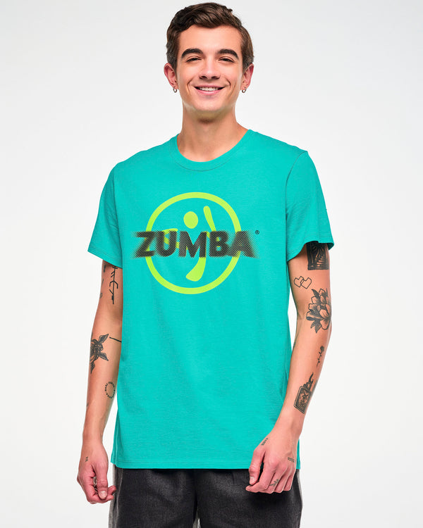 Male model wearing an aqua tee with a yellow Zumbito logo and halftone black dot 
