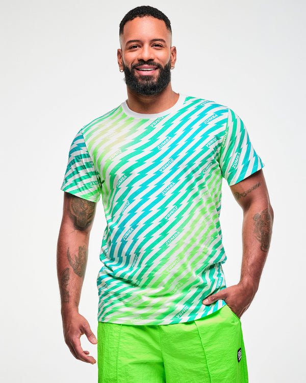 Male model wearing a green and aqua lightning bolt-striped tee with 