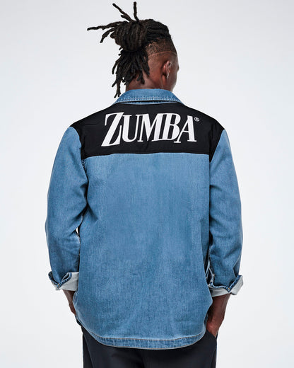 Back view of a male model wearing a denim shacket with a black yoke featuring white "ZUMBA" text.