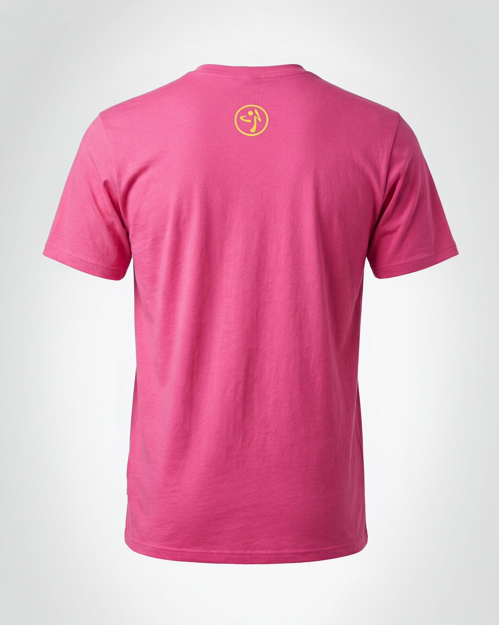 Hot pink Zumba crewneck T-shirt shown from the back with a small yellow circular Zumbito logo centered below the neckline on a white background.