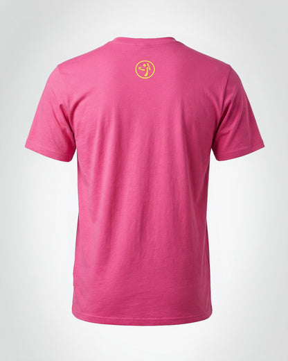 Hot pink Zumba crewneck T-shirt shown from the back with a small yellow circular Zumbito logo centered below the neckline on a white background.